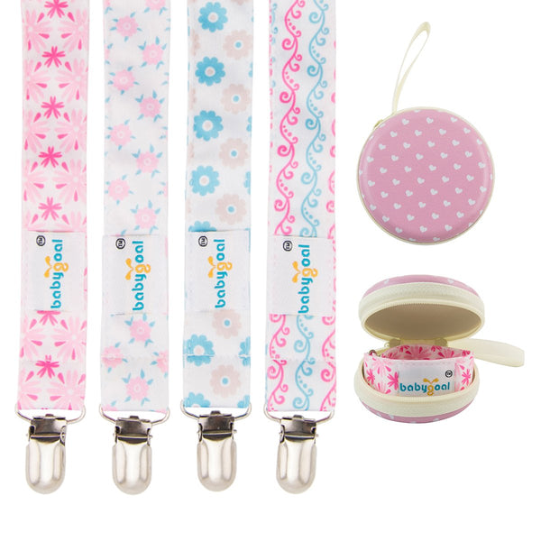 babygoal Baby Girl Pacifier Clips with Pacifier Case, 4 Pack Metal Clips