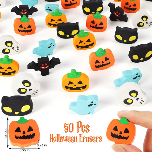 Halloween Erasers for Kids Bulk, 50 Pcs Large Pumpkin, Ghost, Skull, and Bat Erasers for Halloween Party Decoration