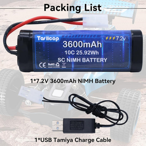 Tosiicop 7.2V 3600mAh Pack 7.2 NIMH Battery - Volt RC Rechargeable Batteries with Tamiya Plug Connector for Remote