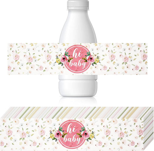 Zonon 48 Pieces Pink Baby Shower Water Bottle Labels, Floral Baby Shower Decorations Waterproof Stickers
