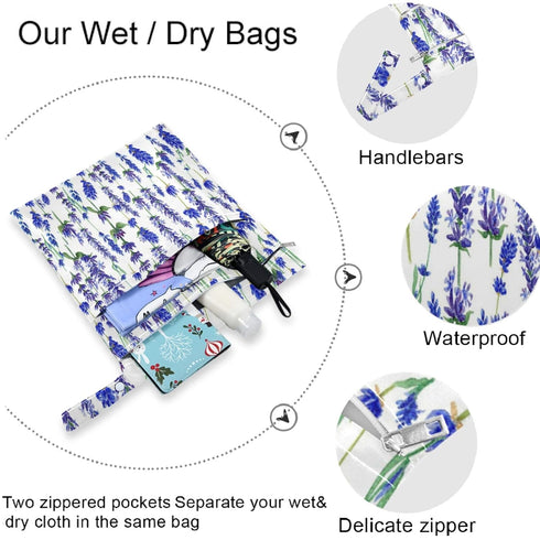 visesunny 2Pcs Purple Lavender Flower Wet Bag with Zippered Pockets Washable Reusable Roomy