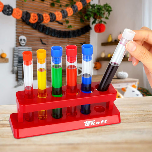 TEKEFT Set of 6 Assorted Color Plastic Test Tube Set, Caps and Rack, Scientific Experiment