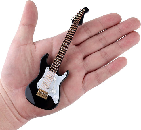 Dselvgvu Wooden Miniature Electric Guitar with Stand and Case, Dollhouse Model Birthday Present (Black,