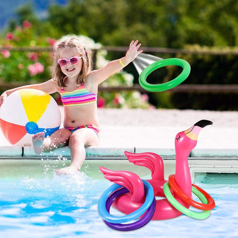 Camlinbo 15 Pcs Inflatable Flamingo Pool Toys, Ring Toss Pool Game, Hawaiian Beach Toys for Kids Adults