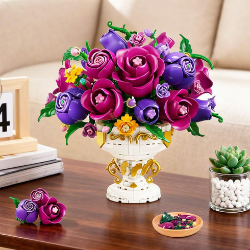 Set 905 18 12+ PLAXSOON Purple Rose Flower Building with Vase, PCS Mothers Day Botanicals Flowers Bouquet Building