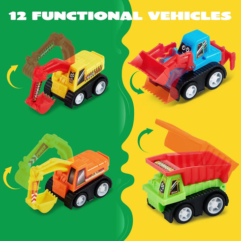 JOYIN 12-Piece Mini Construction Car Set, Plastic Non-Riding Toy Vehicle for Imaginative Play and Parties