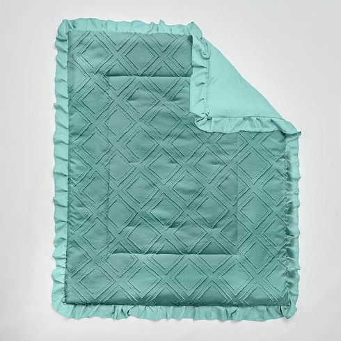 Set 3 Tufted Ruffle Crib Bedding Pieces Baby Girls Boys Boho Quilted Comforter with Fitted Sheet and Bed Skirt - Cute