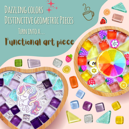 Glittery Garden Mosaic Craft Kit - Decorate Your Own Unicorn and Rainbow Design Coaster with Glass Tiles. Birthday