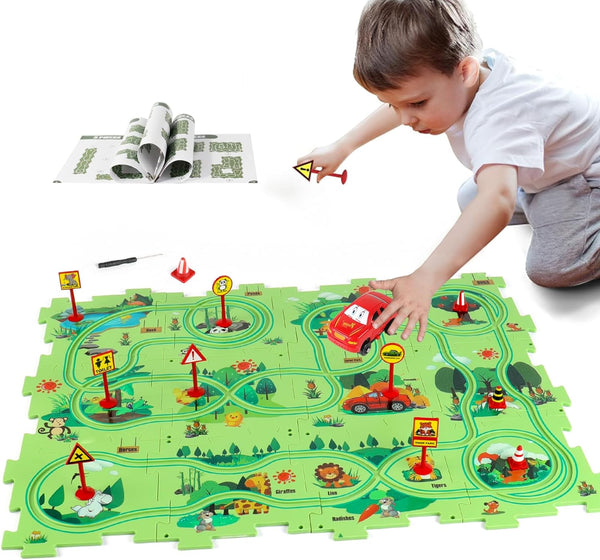 Puzzle Track Car Play Set, Plastic Puzzles for Kids with Vehicles, Car Tracks for Toddlers, Gifts for Boys 2-6