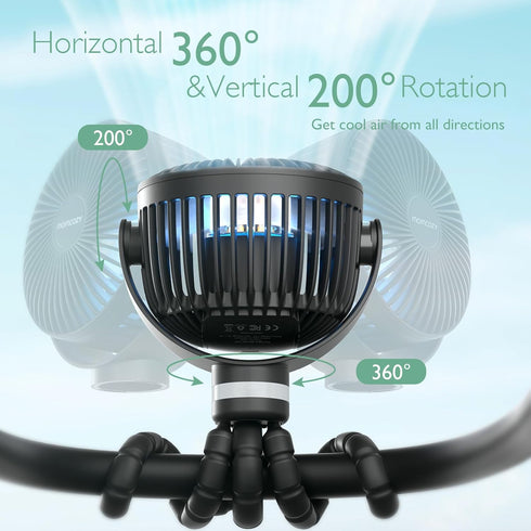 Momcozy 8000mAh 27H 4 360Rotate 2 Portable Stroller Fan | Ultra-long Battery Life | Detachable Speed | Modes LED Night