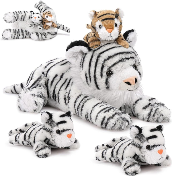 MaoGoLan White Tiger Stuffed Animal with 3 Babies, 17.7 Inch Mommy Tiger