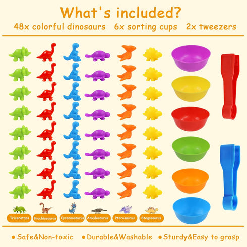 RAEQKS Counting Sorting Dinosaur Toys Montessori Sensory Matching Toy with Bowls, Preschool Learning Activities
