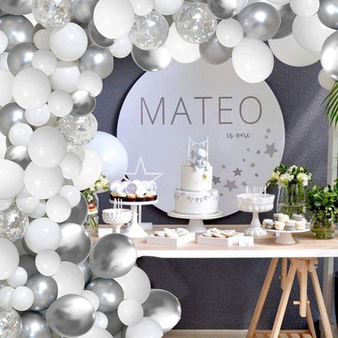 White and Silver Balloons Garland Arch Kit, 5"10 Inch 12" Metallic Confetti Latex Balloons for Party Decor