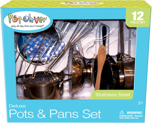 POPOHVER Set 12 Set 3+ Deluxe Pots & Pans - Piece Stainless Steel Play Kitchen - Realistic Looking Cookware