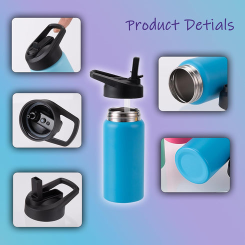 4 Pack 16oz Set Kids Water Bottle with Straw Lid & Handle, Personalized Water Bottles Bulk, Dishwasher Safe, Leak Proof