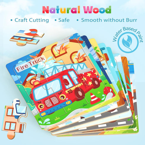 8 Pack Kids3-5, 9 Zeoddler Wooden Puzzles for Toddlers, Vehicle Jigsaw Puzzles for Pieces Preschool Learning