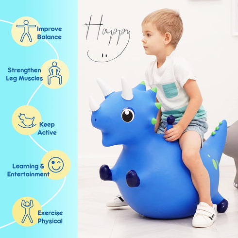 Bouncy Dinosaur Hopper - Inflatable Dino Bouncing Animal for Toddlers, Navy Blue Ride On Toy with Pump for 4-8 Year Olds