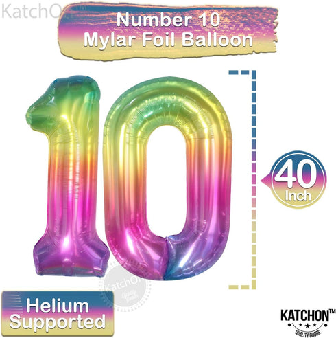 KatchOn Giant Rainbow 10 Balloon Number - 40 Inch for 10th Birthday Party Decorations and Happy Anniversary