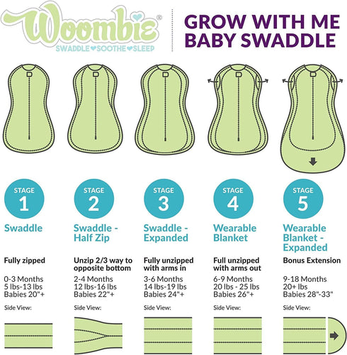Woombie 0-9 18 Grow with Me Baby Swaddle, Convertible Swaddle Fits Babies Months, Expands to Wearable Blanket