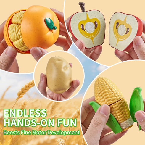 Sets Play Food for Kids Kitchen, Wheat Straw Pretend Food Toys with Kids Picnic Basket and Picnic Blanket, Cutting Toy