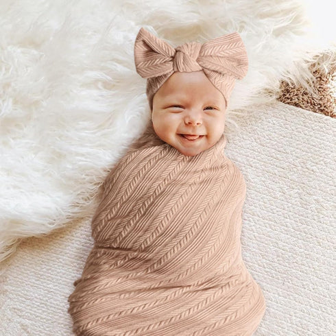 DRESHOW BQUBO Newborn Receiving Blanket with Matching Bow Hat and Headband Shower Gift for Girls