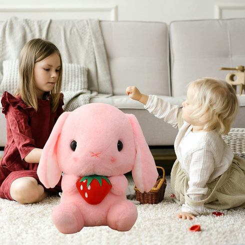 HOUPU Soft Toy - Sitting Lop Eared Rabbit, Pink-Strawberry Stuffed Bunny with Carrot, 8.6in/22cm