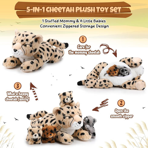 5 Pcs Cheetah Stuffed Animals Set, Large Mommy Cheetah Plush with 4 Soft Cuddly Baby Cubs for Gifts