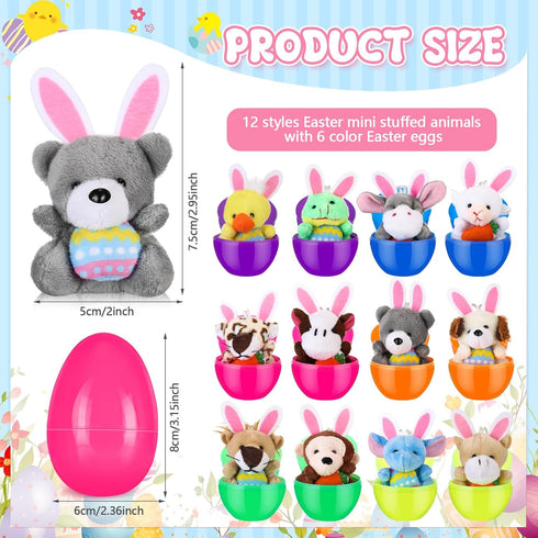 Lunmon 24 Pcs Prefilled Easter Eggs Filled with Mini Plush Animal Toys for Kids Baster Stuffer Filler Stuffed Animals