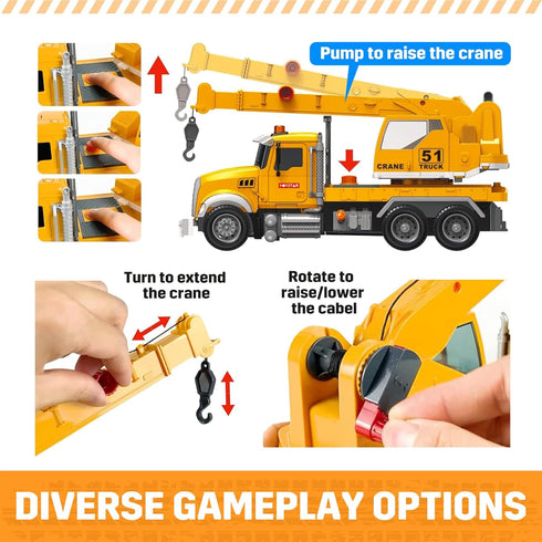 15 3-8 3-5 4-7, Crane Truck Toy with Lights & Sounds, Friction-Powered Engineering Vehicle for Toddlers Years Boys