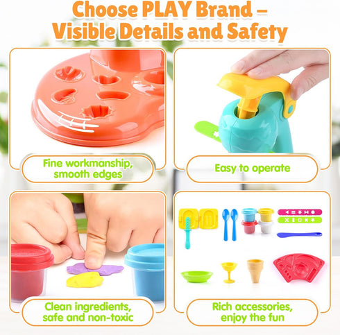 Set 3+ PLAY Clay Dough with Ice Cream Maker Machine/Noodle Maker/Banana Split Ice Cream Mold Kitchen Creations Arts