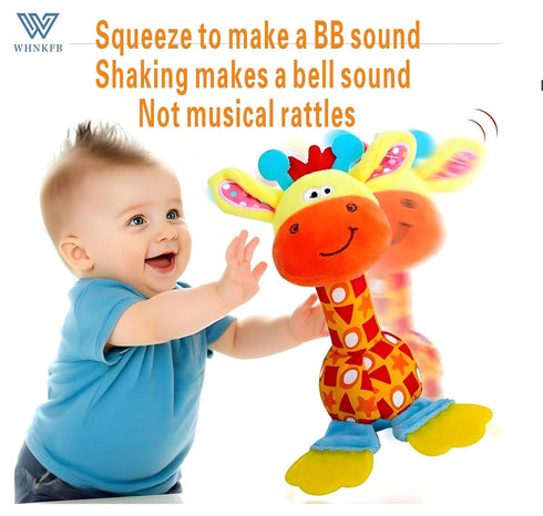 WHNKFB 0-12 Baby Teether Rattle Toy - Soft Giraffe Plush with Crinkle Squeaky Sound, Sensory Shaker for Newborns