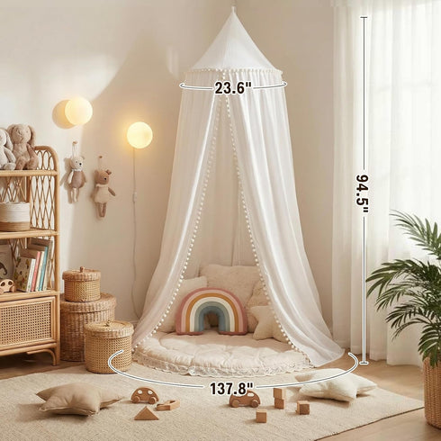 LOAOL Bed Canopy with Pom Pom Cotton Canopy for Kids Crib Baby Girl Netting Cover Canopy Crib Curtain Reading Nook