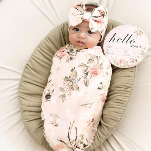 Galabloomer Newborn Receiving Blanket Headband Set, Flower Print Baby Swaddle Receiving Blankets