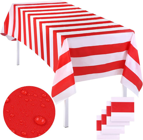 Elcoho 4 Pack Plastic Red and White Stripes Tablecloths - 54 x 107 Inch for Carnival Circus Movie Night