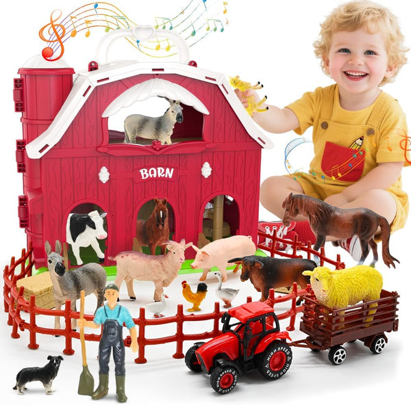 Red Barn Toys for Toddlers 1-3, Farm Animal Figures Playset with Tractor