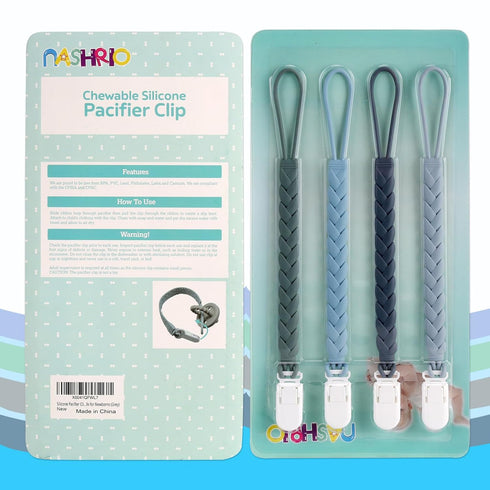 Stylish Silicone Pacifier Clips 4-Pack for Baby Boys and Girls, Woven Rope Design for Teething Relief, Grey