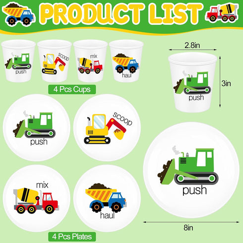 Yiyiring 4 Sets Set Construction Truck Plates with Cups for Kids Toddlers Fun Construction Truck Eating Utensils Drop