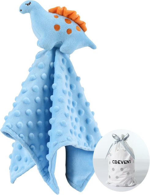 CREVENT Cozy Plush Baby Security Blanket Loveys | Blue Dinosaur with Minky Dot Front & Sherpa Backing for Boys