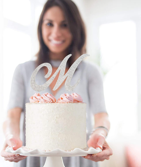 Letter M Cake Topper - Premium Silver Metal M Monogram Wedding or Anniversary Party Decoration, Sparkly Rhinestone