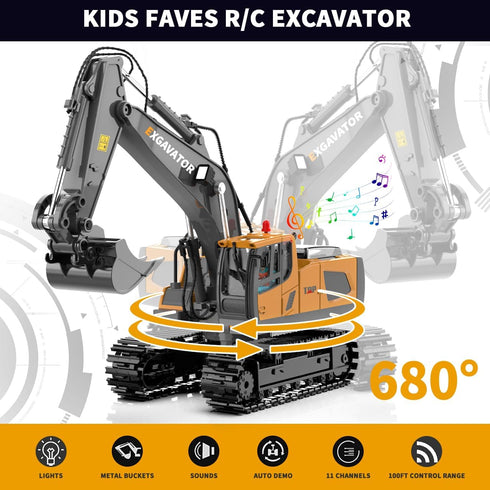 11CH 680 4 5 6 7 8-12 ID Gerilla Remote Control Excavator, RC Construction Truck Toy with Metal Shovel, Lights, Sounds