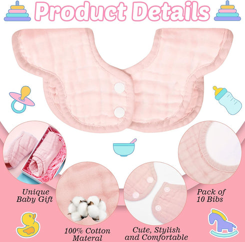 Geyoga 10 Pcs Baby Bibs, 360° Rotate Bandana Muslin Drool Bibs, Petal Bibs, Burp Gauze Cloths, Absorbent