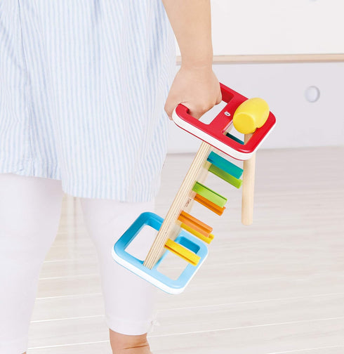 Hape Rainbow Pounder, Pounding Bench Wooden Toy with Hammer, Blue Red Orange Green Yellow, 9.1 x 4 x 4.2 inch