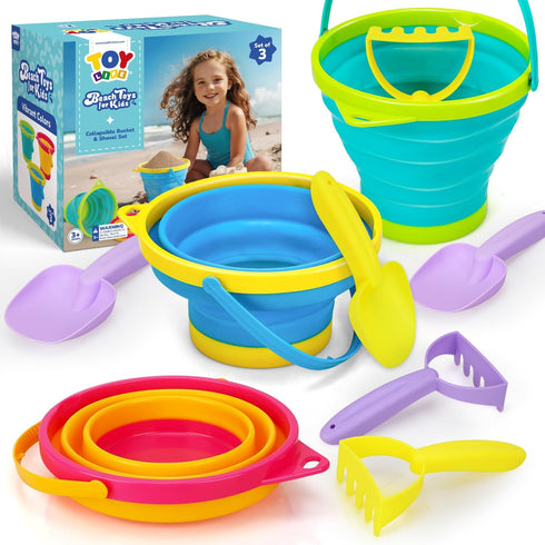 TOY Life 9 Pack Sand Buckets Toys Set with 3 Collapsible Beach