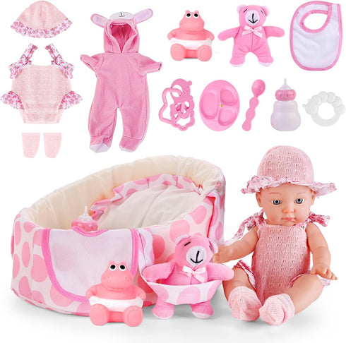 deAO 13'' Baby Doll Playset with Bassinet Carrier Bed Baby Doll Accessories