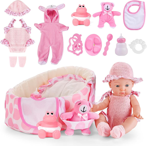 deAO 13'' Baby Doll Playset with Bassinet Carrier Bed Baby Doll Accessories