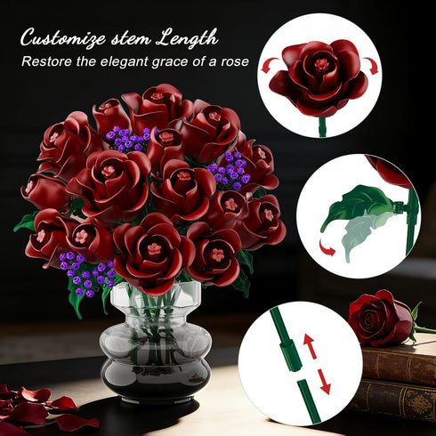 Set 15 330PCS HOGOKIDS Flowers Bouquet Building - Burgundy Roses Mother's Day Gfit for Mom, Deep Red Rose Botanical