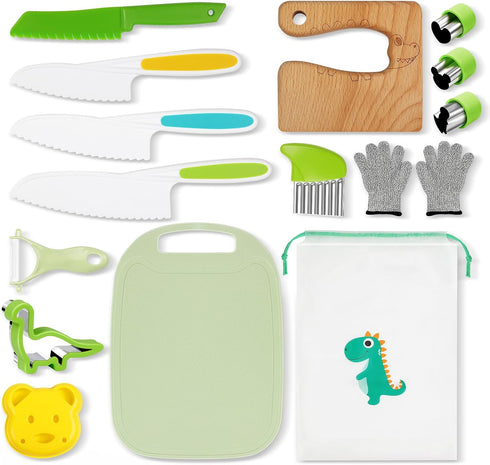 Kids Knife Set for Real Cooking - 15 PCS Montessori Kitchen Tools with Safe Knives, Cutting Board, Crinkle Cutters