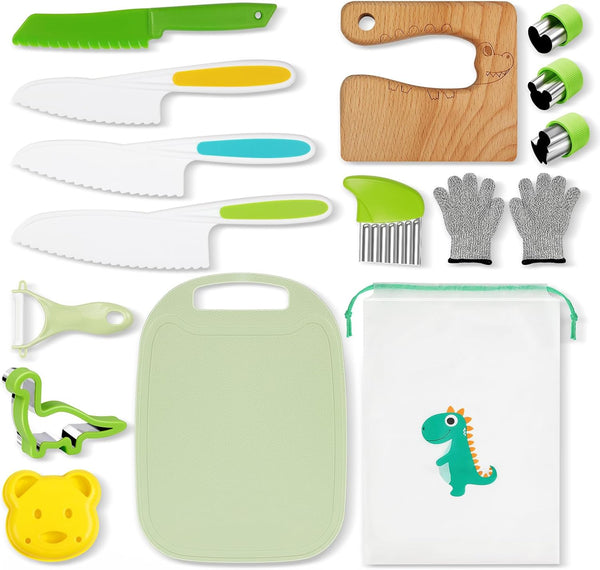 Kids Knife Set for Real Cooking - 15 PCS Montessori Kitchen Tools with Safe Knives, Cutting Board, Crinkle Cutters