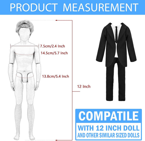Miunana Doll Clothes & Accessories Lot - 16 Items, Classic Black Suit for Boy Doll, 4 PCS Casual Wear, 5 PCS Pants, 3