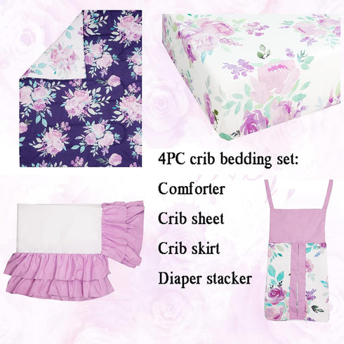 4 Set TANOFAR Piece Crib Bedding for Girls, Purple Flower Quilt, Crib Skirt, Diaper Stacker, Soft Microfiber Comforter